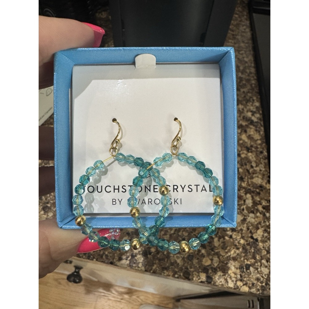 Touchstone‎ Crystal Savvy Earrings Golden Blue Hoops NEW
